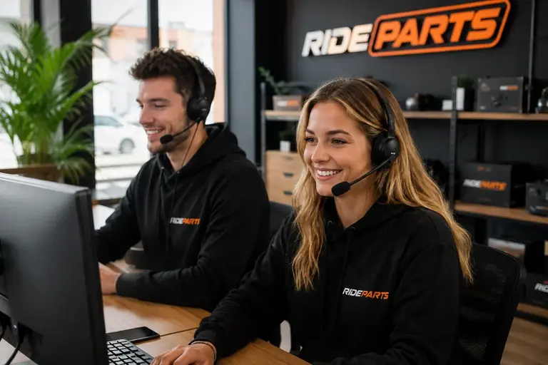 Двоє співробітників RideParts у гарнітурах консультують клієнтів